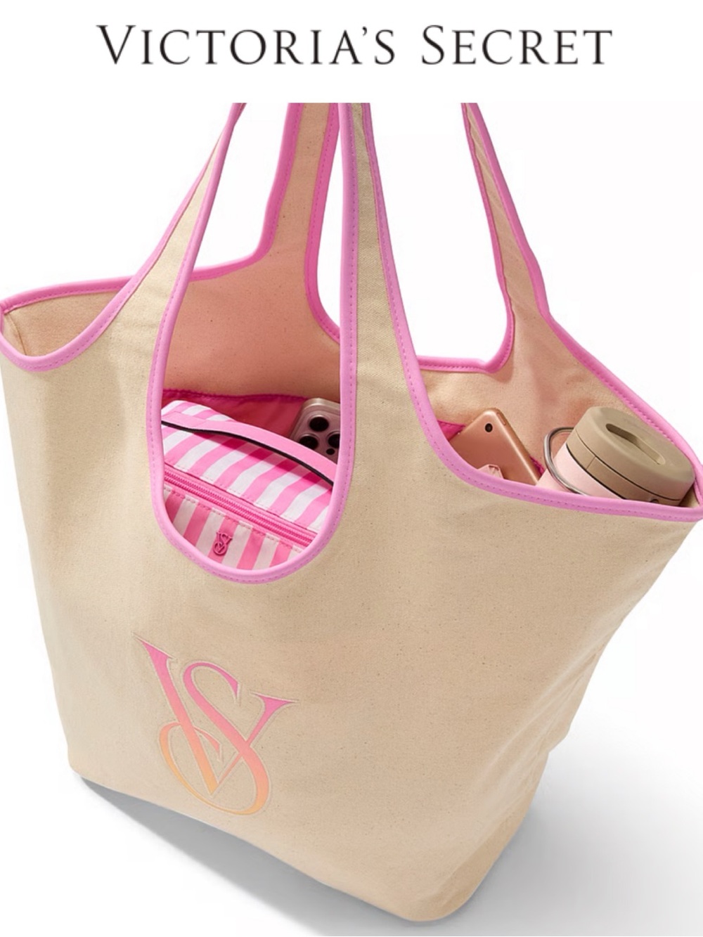 NWT VICTORIA’S SECRET OMBRÉ MONOGRAM LOGO TOTE BAG CANVAS BEACH TRAVEL SHOPPER